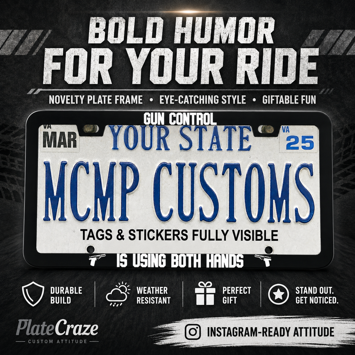 "Gun Control Is Using Both Hands Patriotic" license plate frame — social media promo graphic