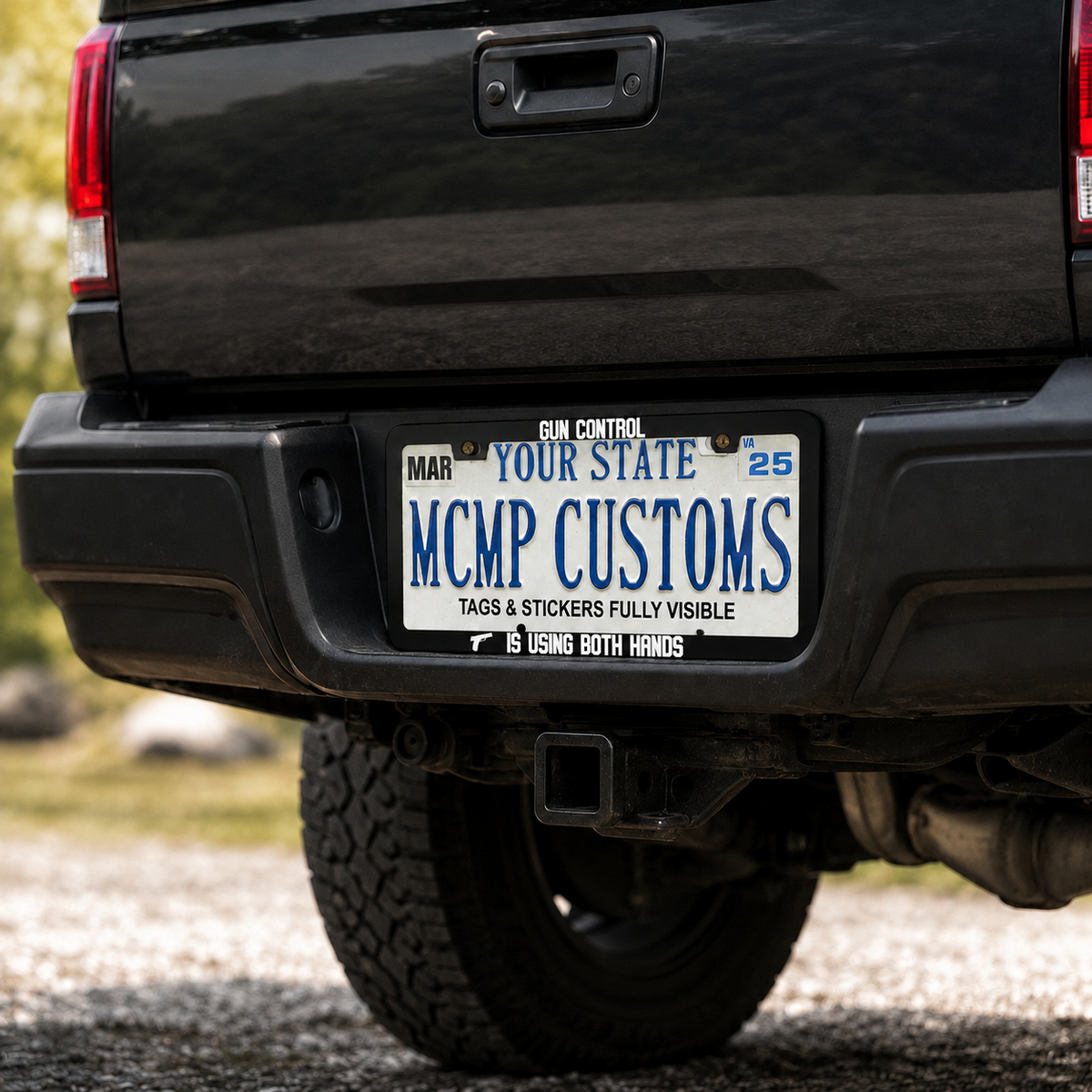 "Gun Control Is Using Both Hands Patriotic" license plate frame shown on vehicle — lifestyle photo