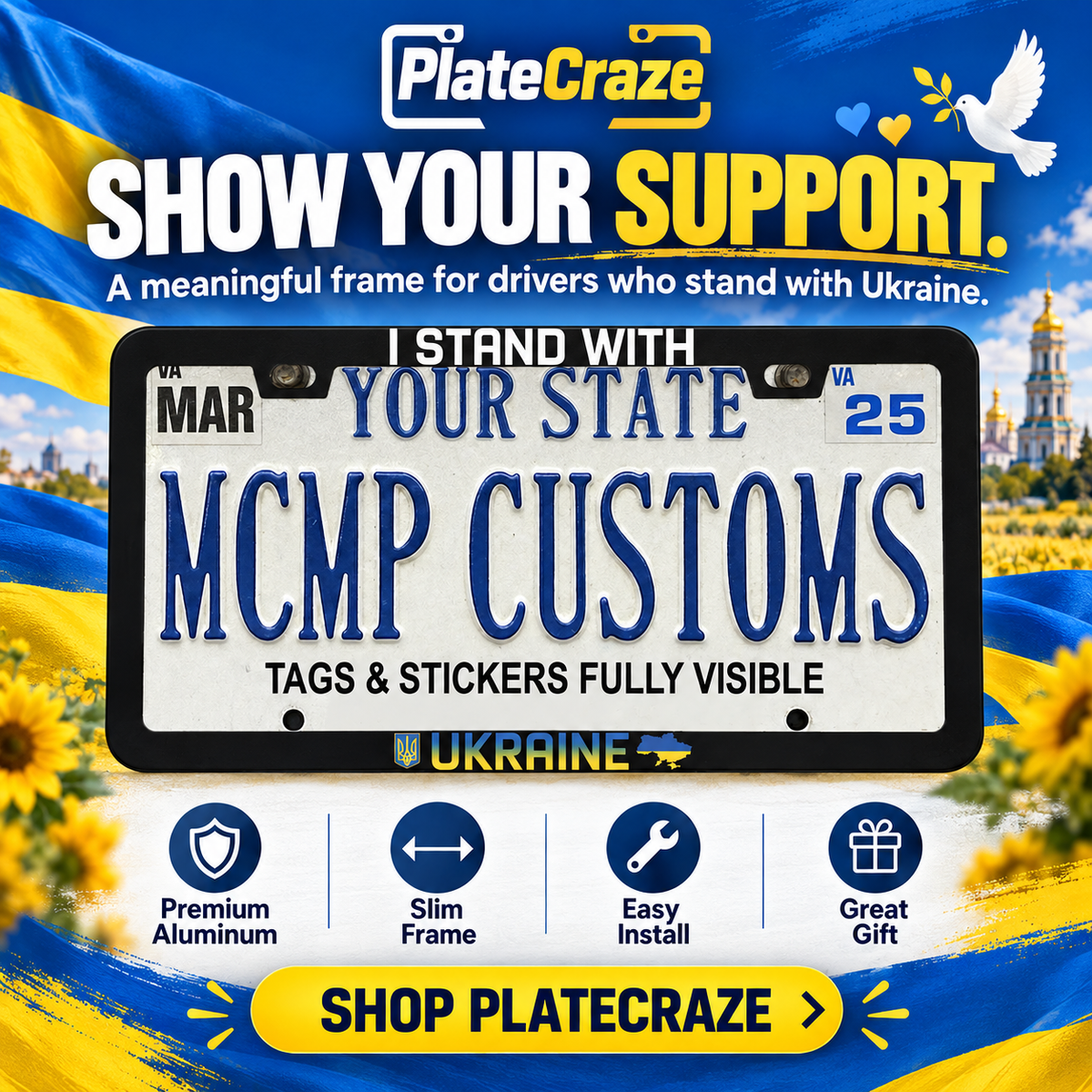 PlateCraze I Stand With Ukraine license plate frame infographic