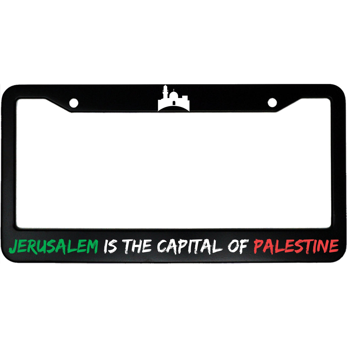 "Jerusalem Is The Capital Of Palestine Free Palestinian Flag Colors" patriotic aluminum license plate frame — front view