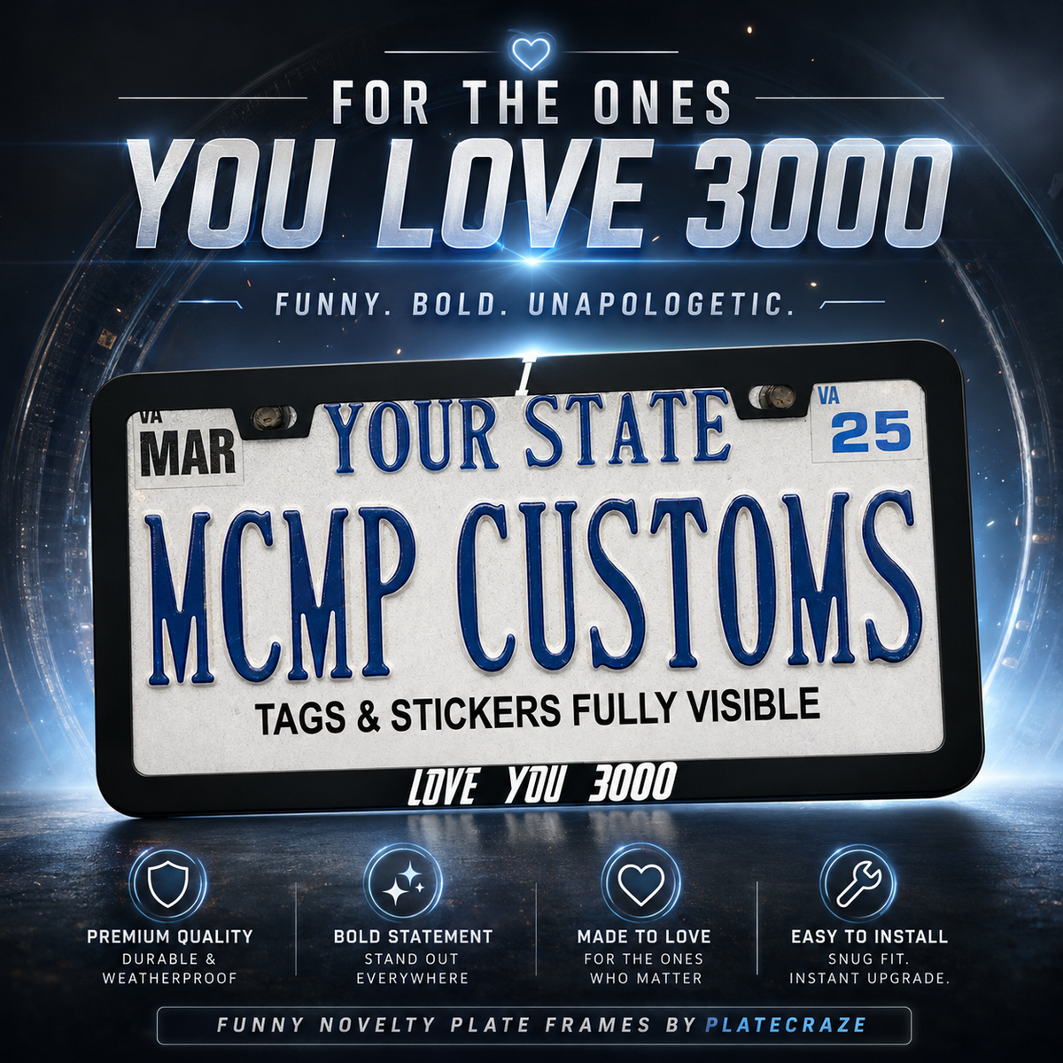 "I Love You 3000 Superhero" license plate frame shown on vehicle — lifestyle photo