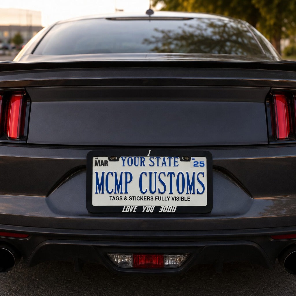 "I Love You 3000 Superhero" license plate frame — back view