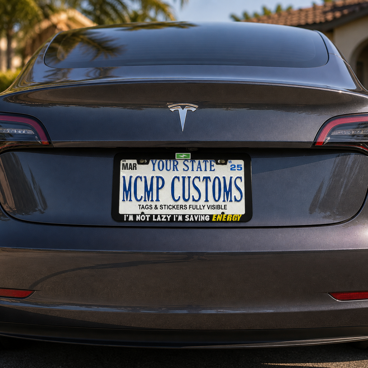 "I'm Not Lazy, I'm Saving Energy Funny" license plate frame shown on vehicle — lifestyle photo