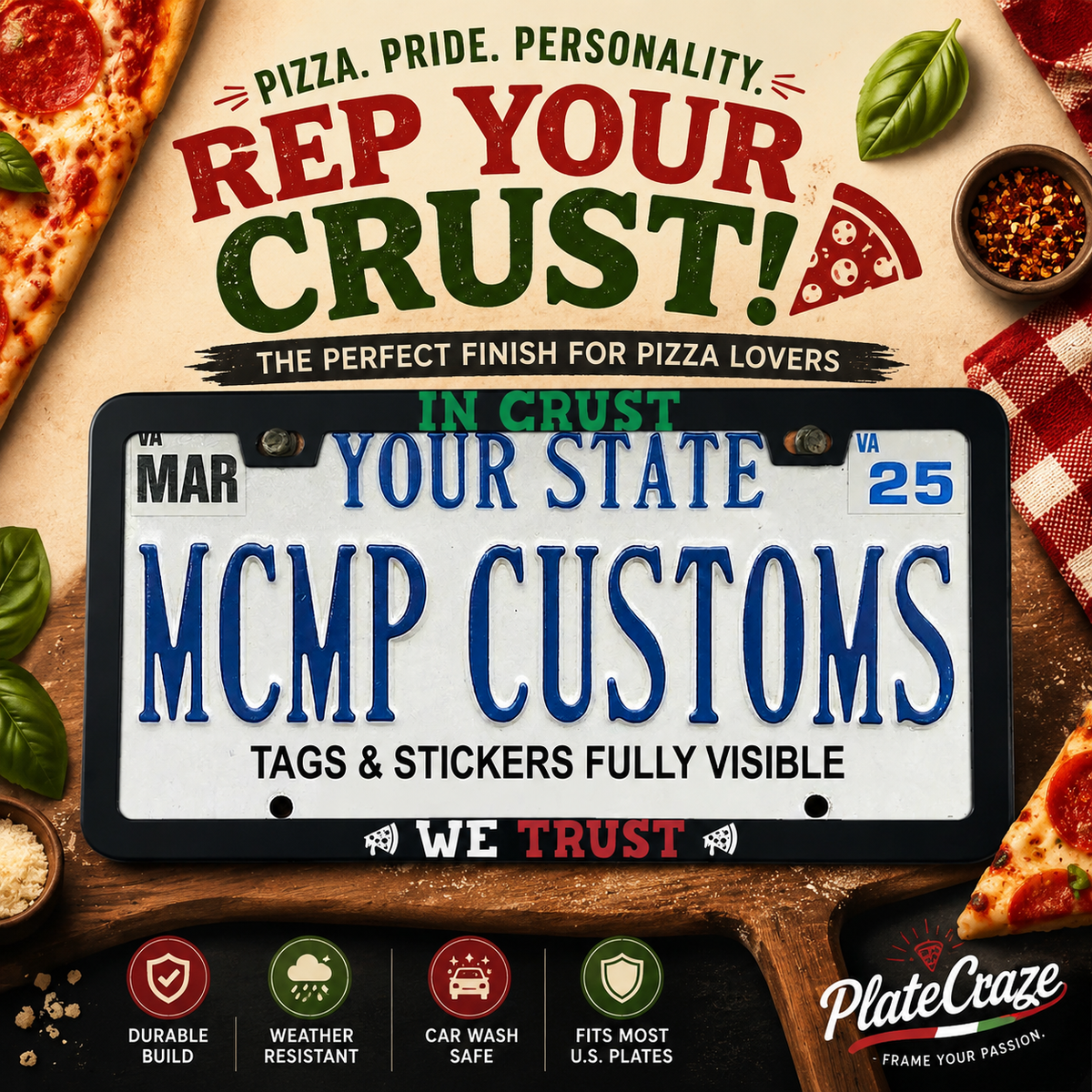 "In Crust We Trust Foodie" license plate frame — social media promo graphic