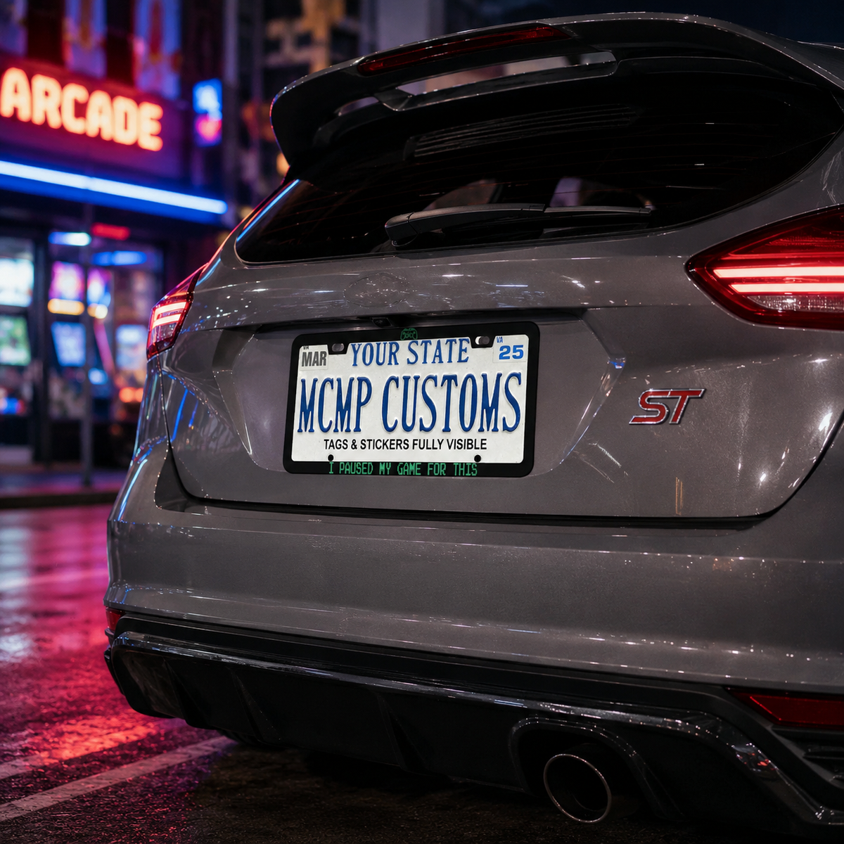 "I Paused My Game For This Gaming" license plate frame shown on vehicle — lifestyle photo