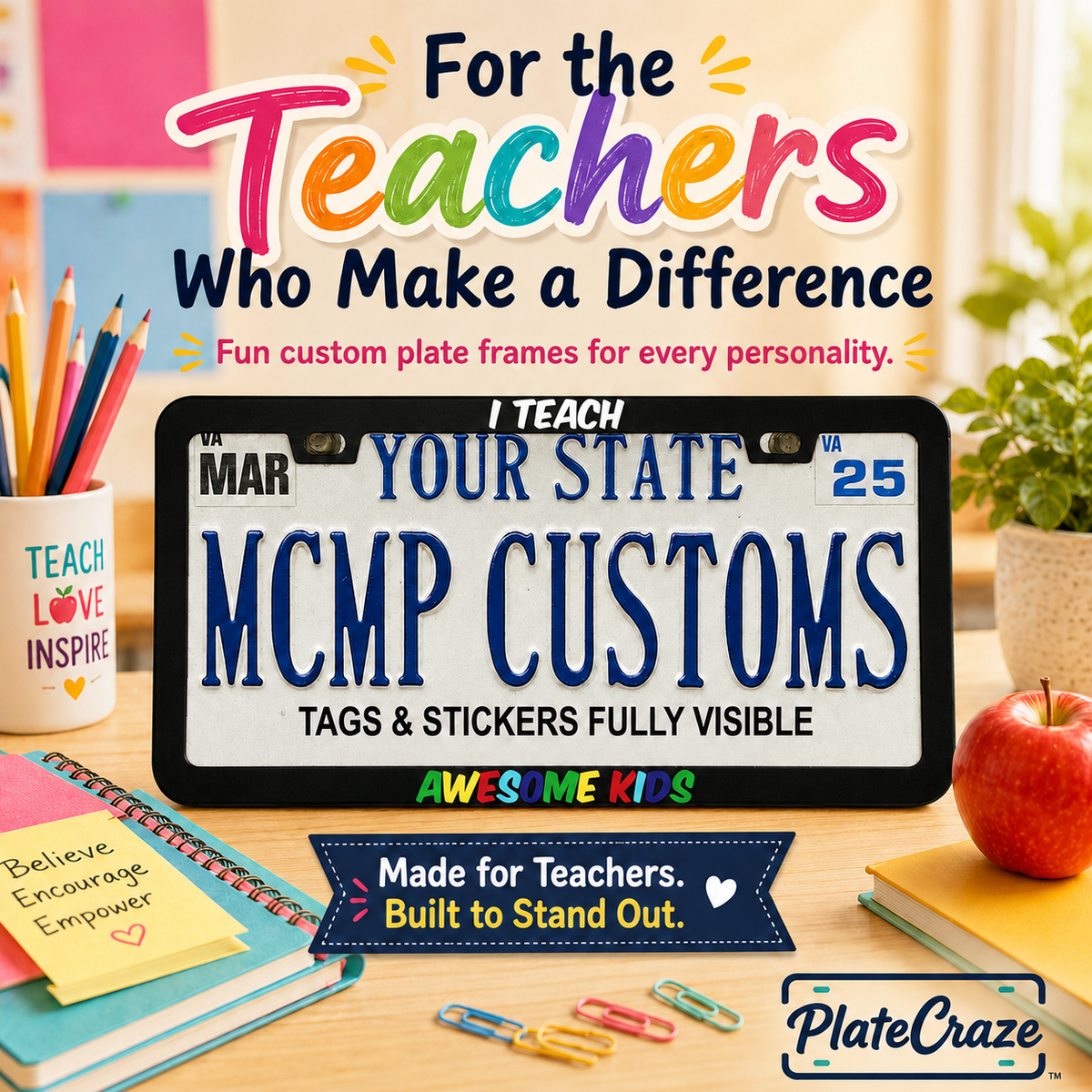 "I Teach Awesome Kids Autism Awareness Teacher" license plate frame — social media promo graphic