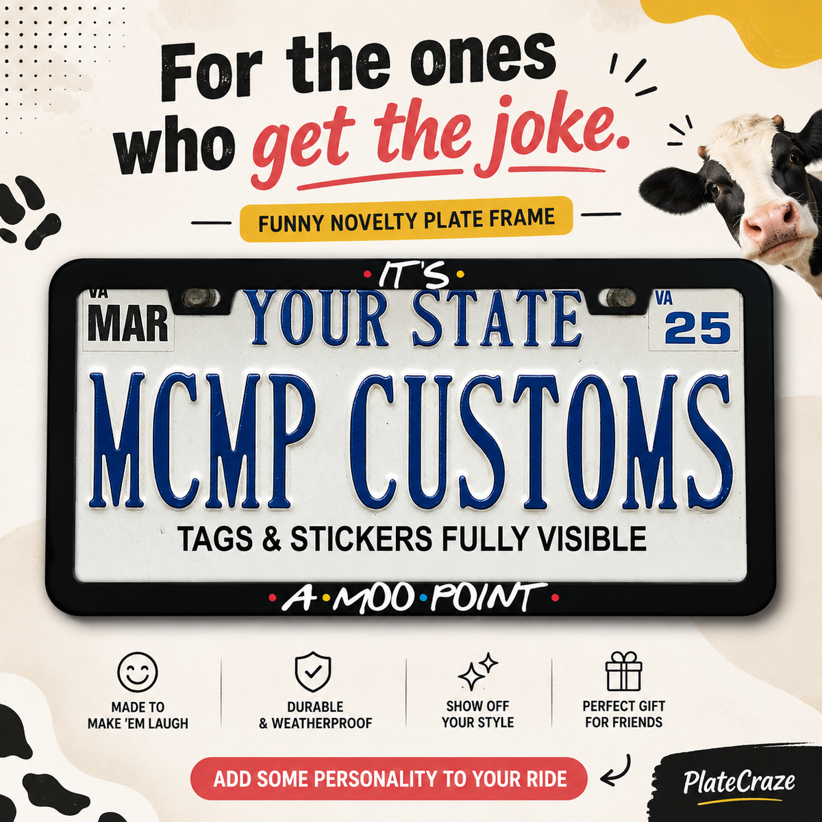 "Its A Moo Point Friends TV" license plate frame — social media promo graphic
