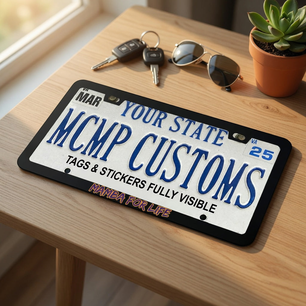 "Mamba For Life Superhero" license plate frame — product photo