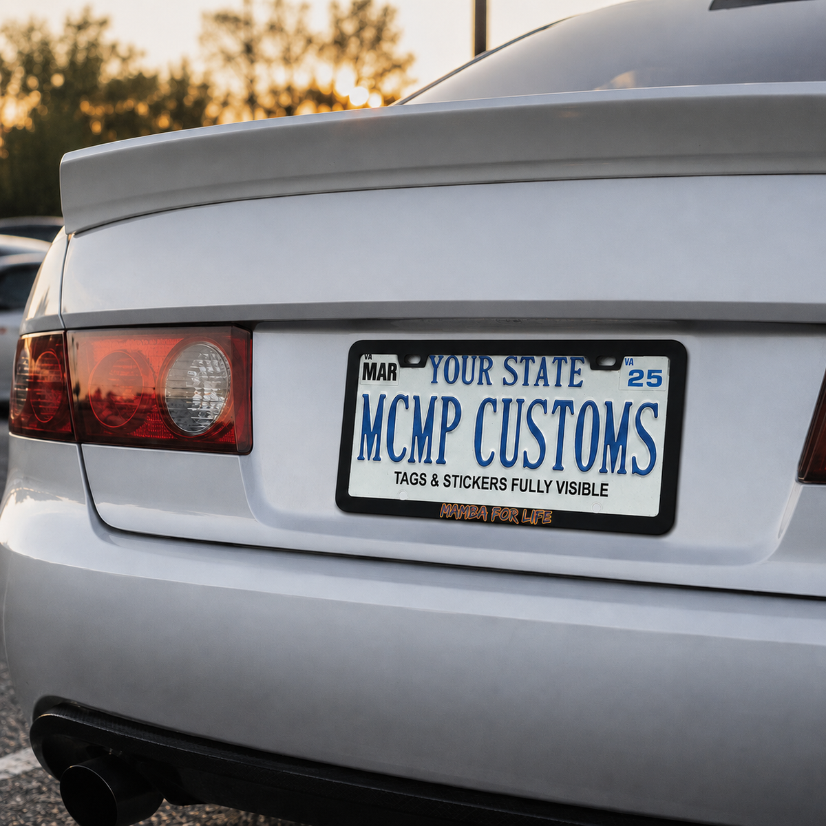 "Mamba For Life Superhero" license plate frame — product photo