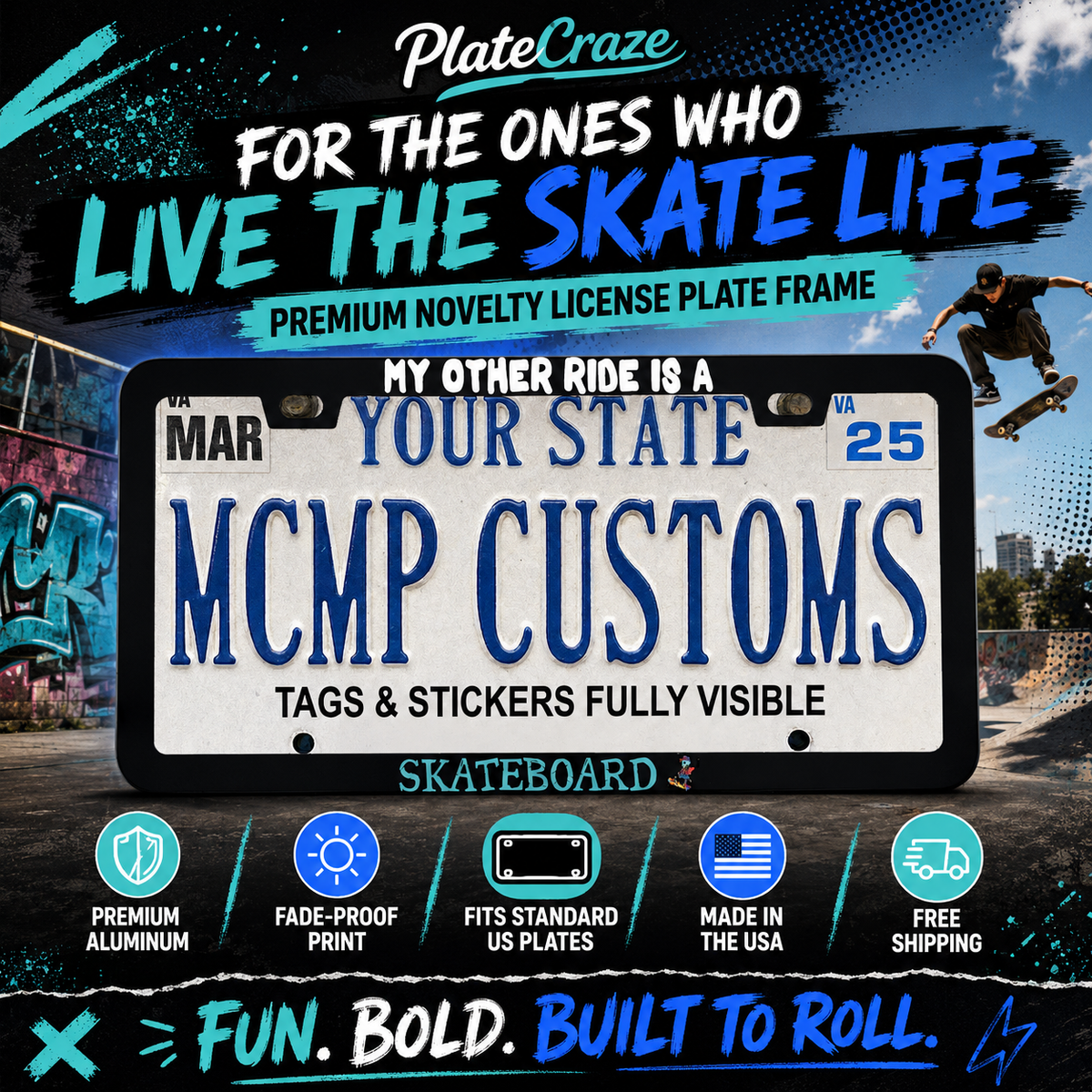 "My Other Ride Is A Skateboard Funny" license plate frame — product photo