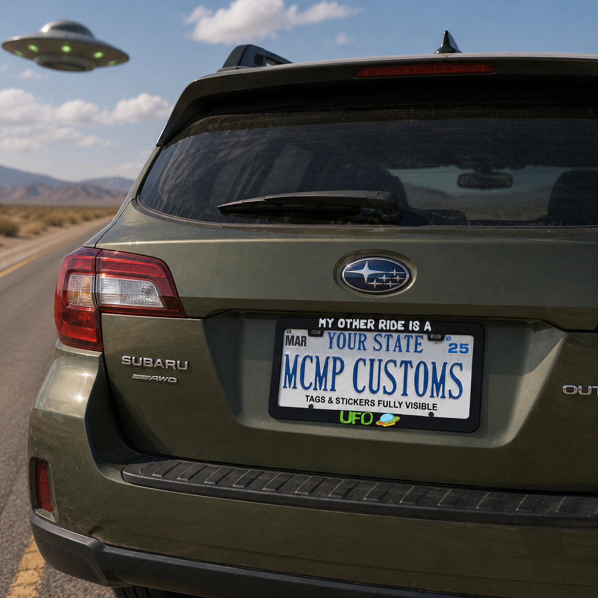 "My Other Ride Is A UFO Sci-Fi" license plate frame shown on vehicle — lifestyle photo
