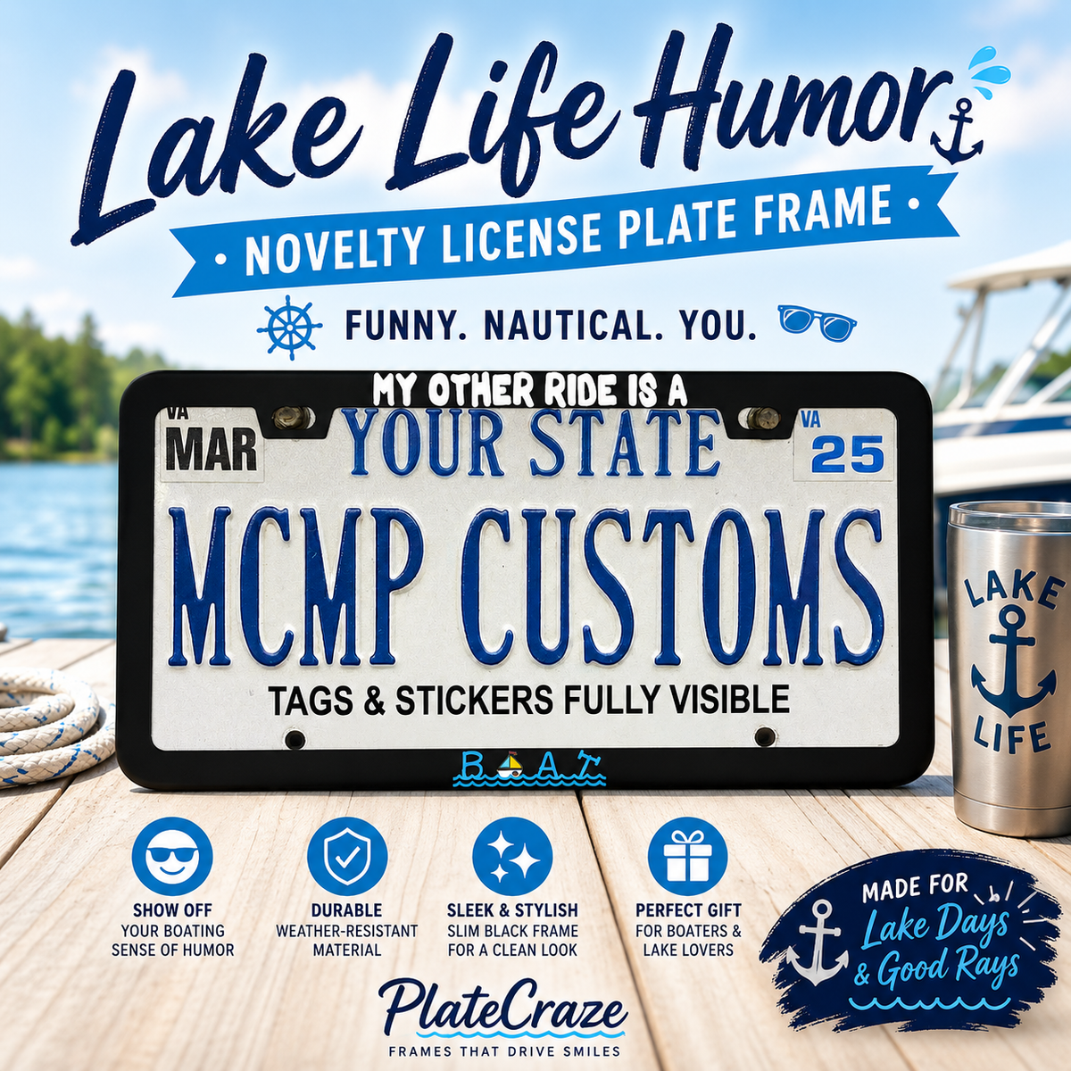 "My Other Ride Is A Boat Fishing" license plate frame — social media promo graphic
