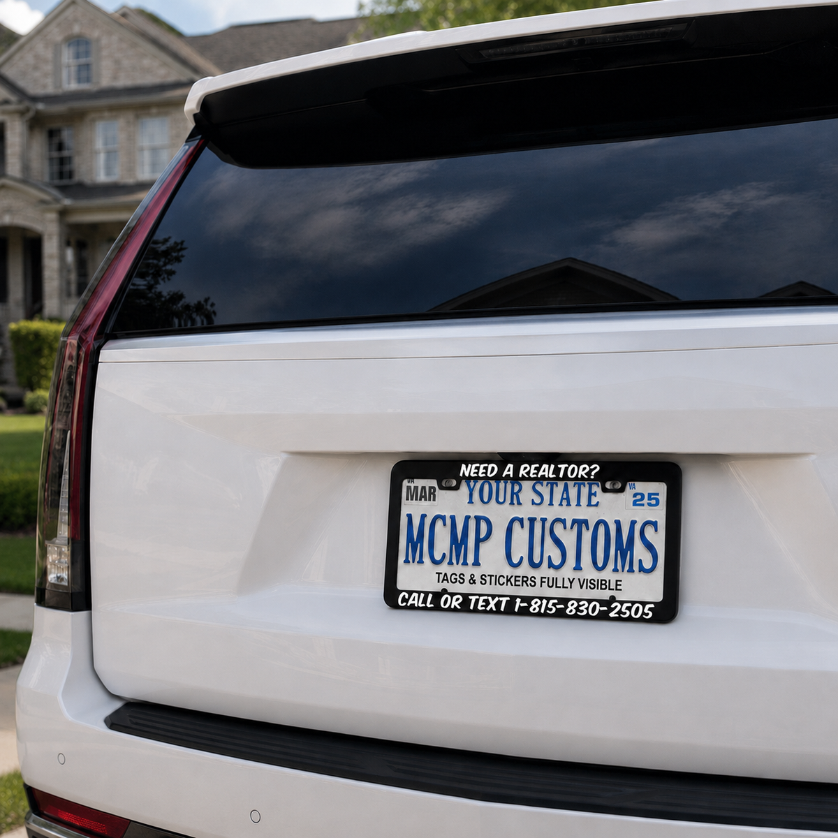 "Need A Realtor? Personalized Business" license plate frame shown on vehicle — lifestyle photo