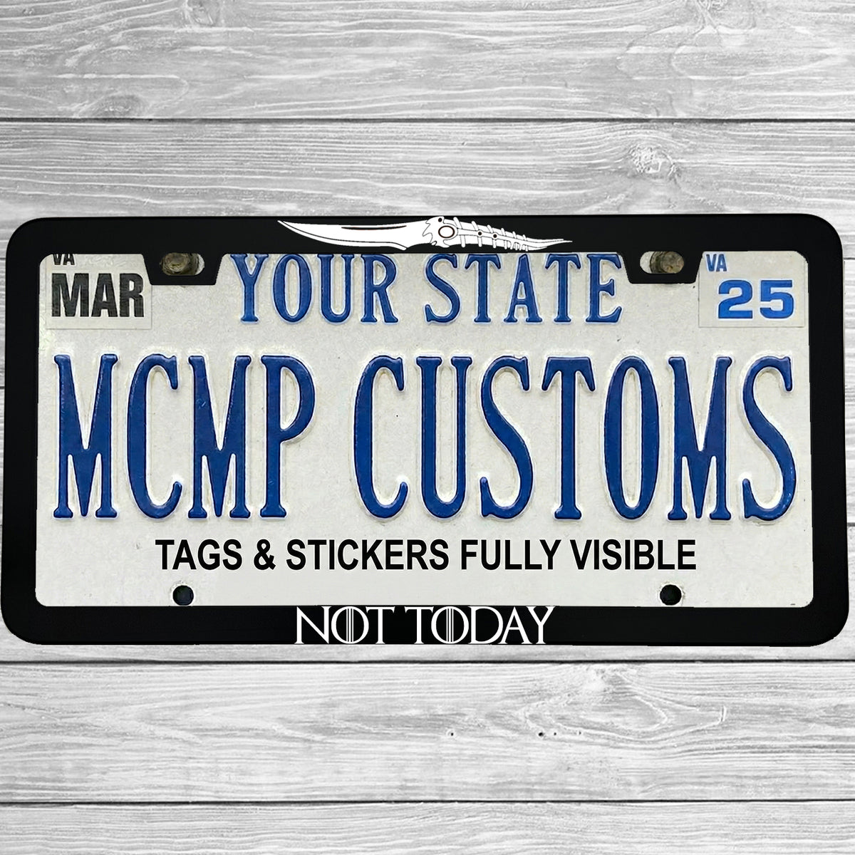 "Not Today" license plate frame shown on vehicle — lifestyle photo