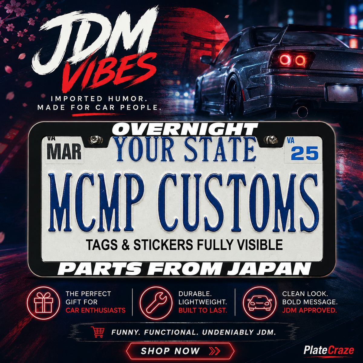 "Overnight Parts From Japan Fast and Furious" license plate frame — social media promo graphic