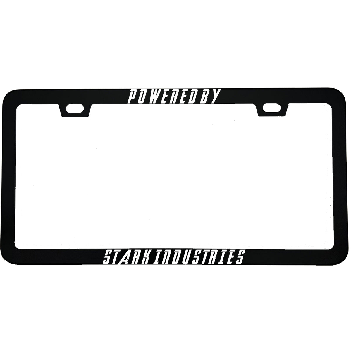 "Powered By Stark Industries" superhero fan aluminum license plate frame — front view