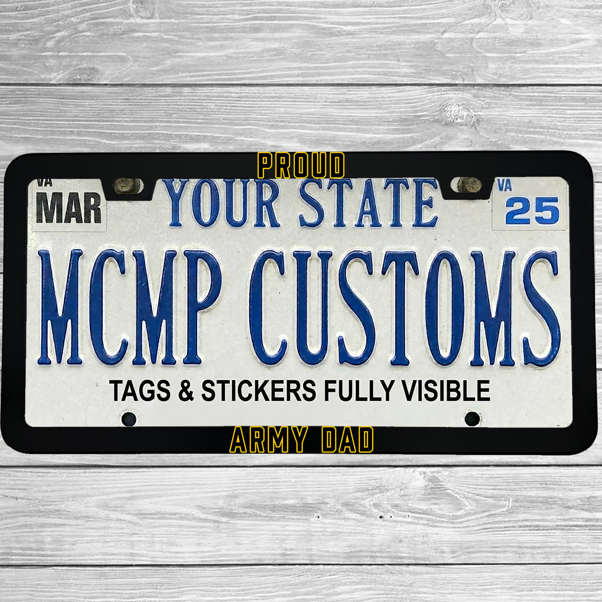 "Proud Army Dad" license plate frame shown on vehicle — lifestyle photo