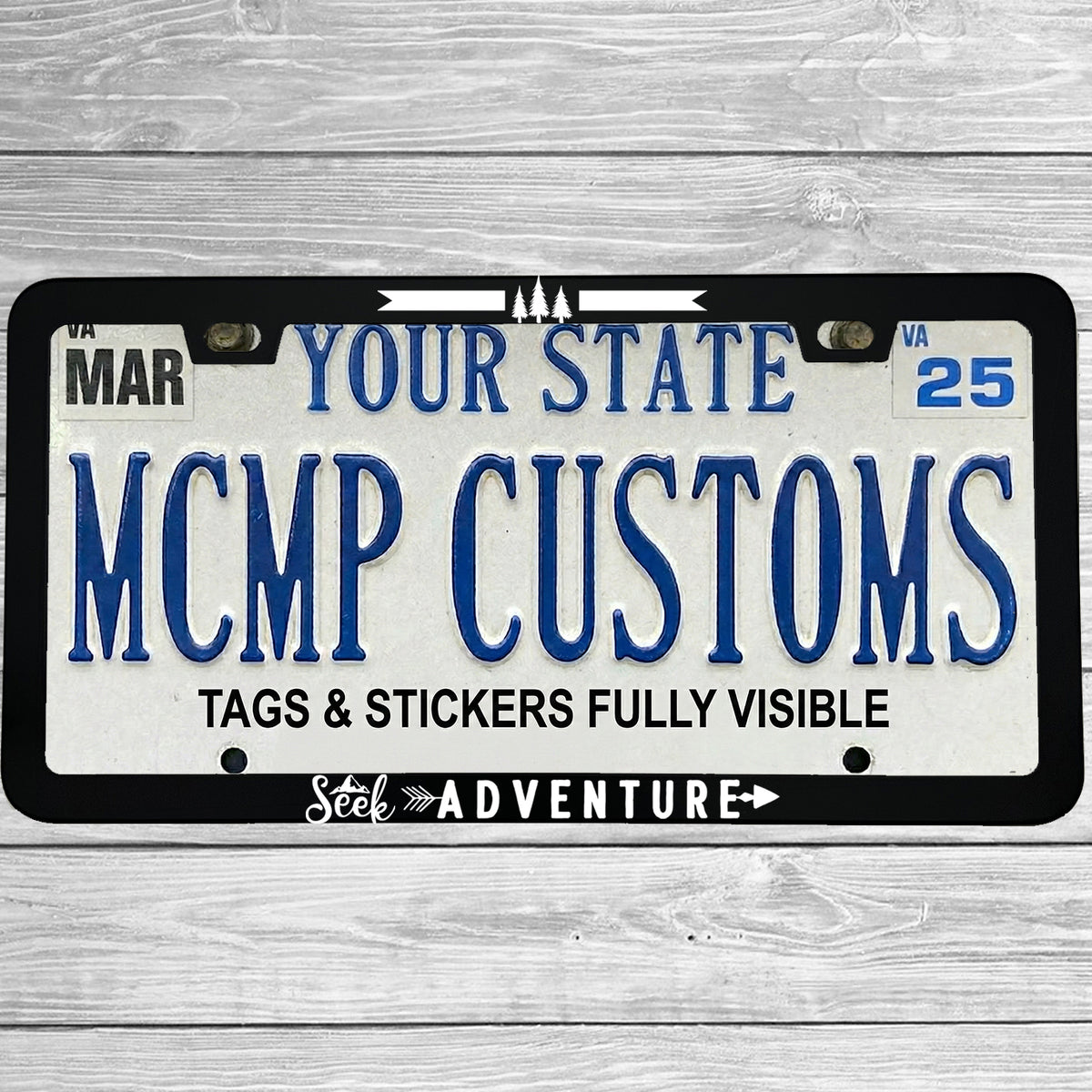 "Seek Adventure" license plate frame shown on vehicle — lifestyle photo