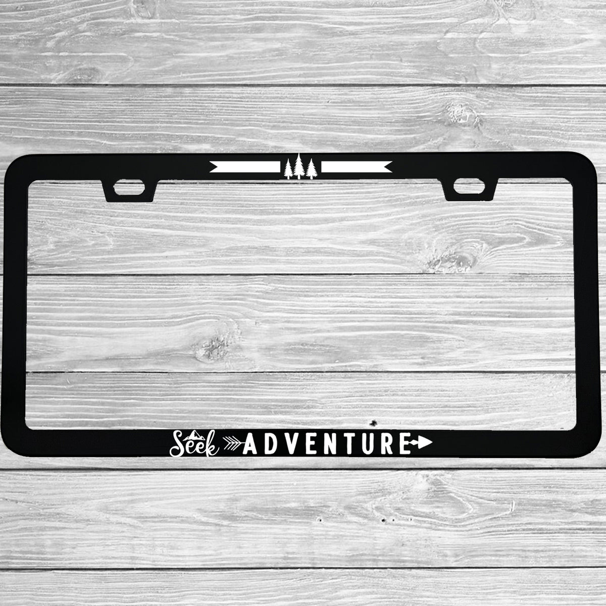 MCMP Customs aluminum license plate frame — features and quality detail infographic
