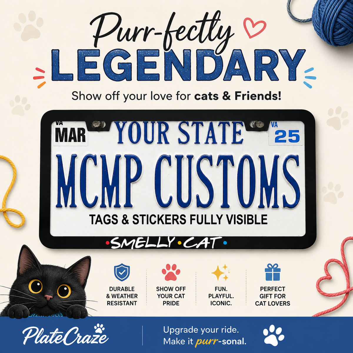 "Smelly Cat Friends TV" license plate frame — social media promo graphic