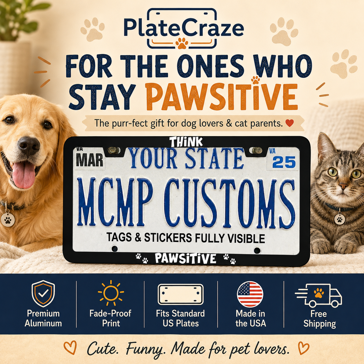 "Think Pawsitive (Positive) Dog Lover" license plate frame — product photo