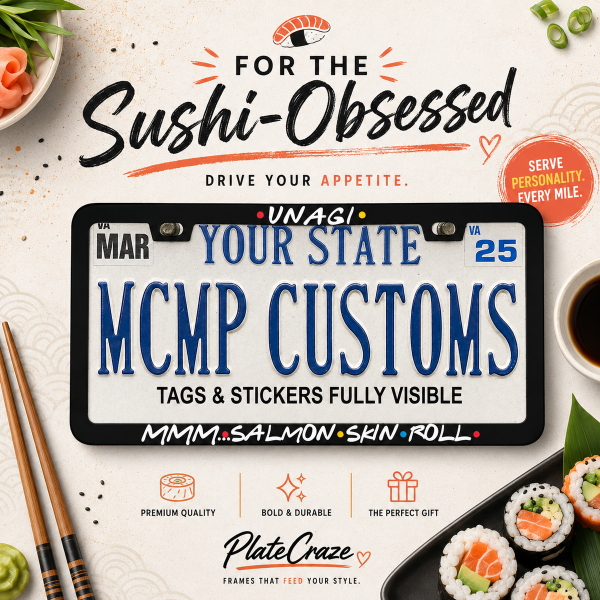"Unagi Mmm Salmon Skin Roll Friends TV" license plate frame — social media promo graphic