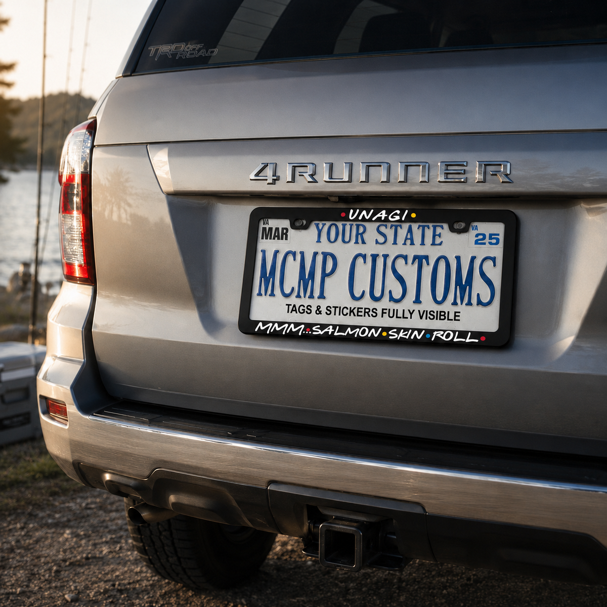 "Unagi Mmm Salmon Skin Roll Friends TV" license plate frame — product photo