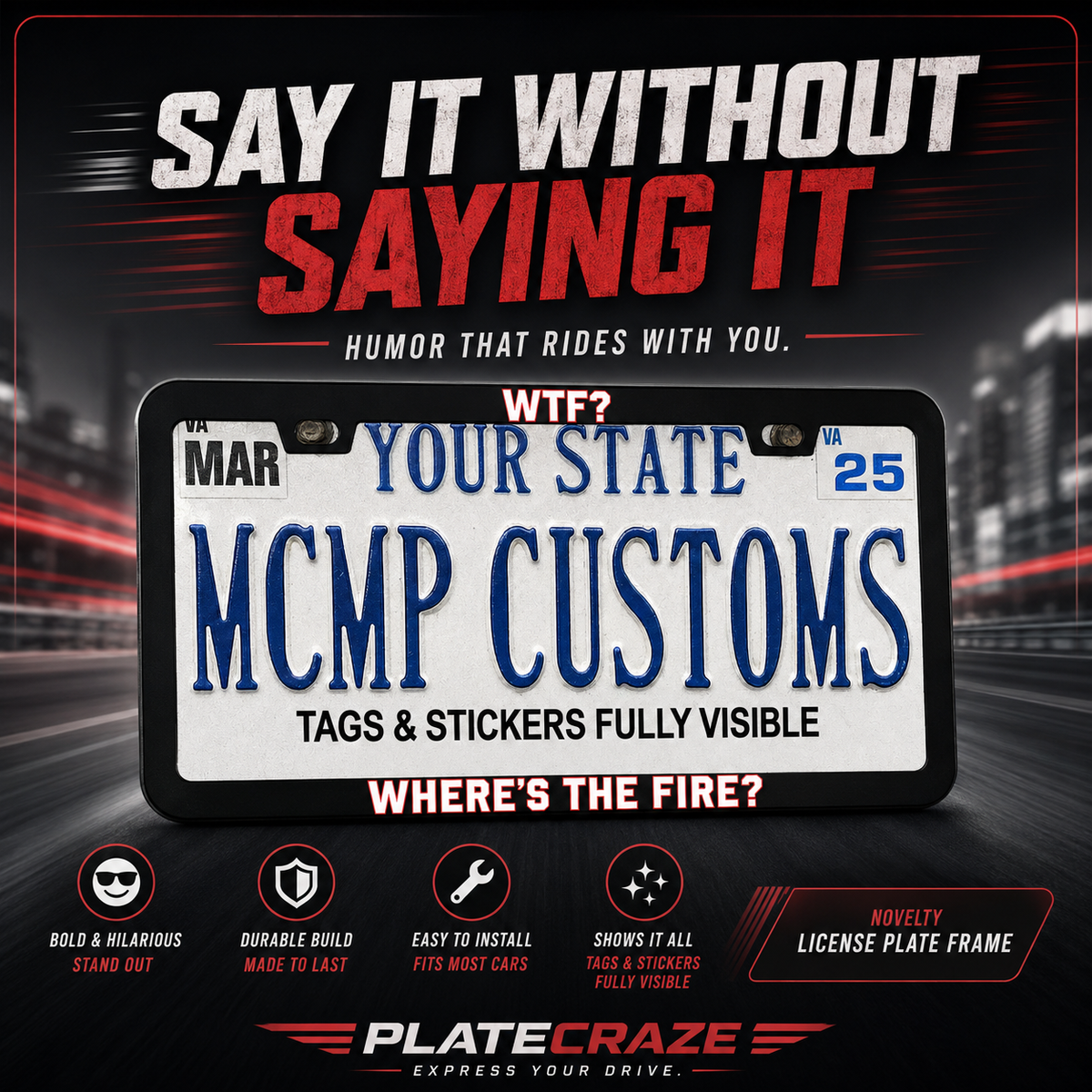 "WTF Wheres The Fire Firefighter" license plate frame — social media promo graphic