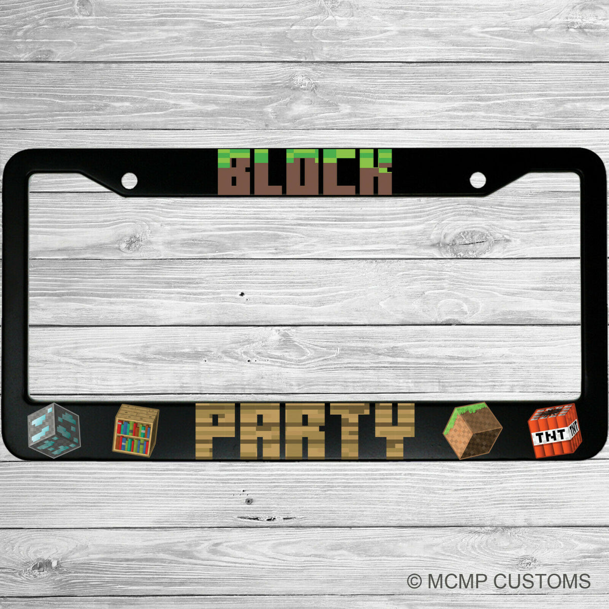"Block Party" license plate frame shown on vehicle — lifestyle photo
