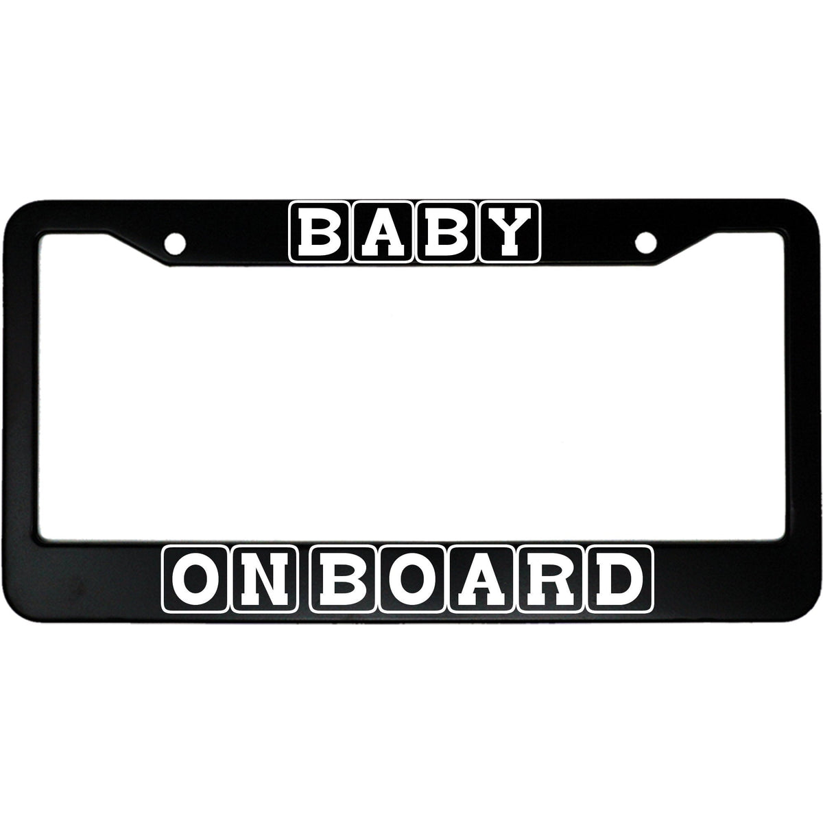 "Baby On Board" funny aluminum license plate frame — front view