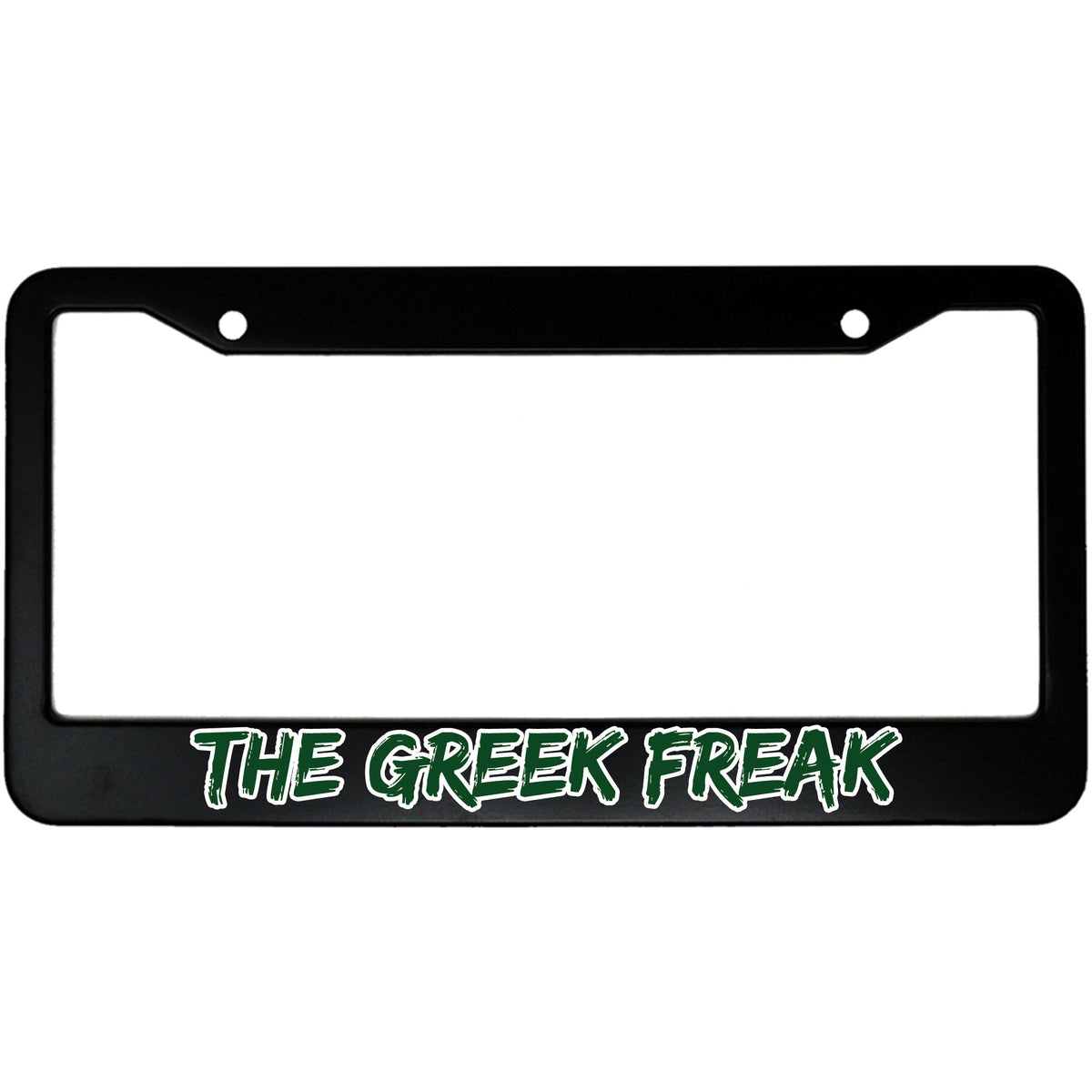 "The Greek Freak" sports fan aluminum license plate frame — front view