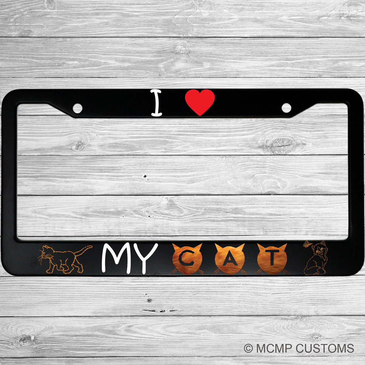 "I Love My Cat with a Heart" license plate frame shown on vehicle — lifestyle photo