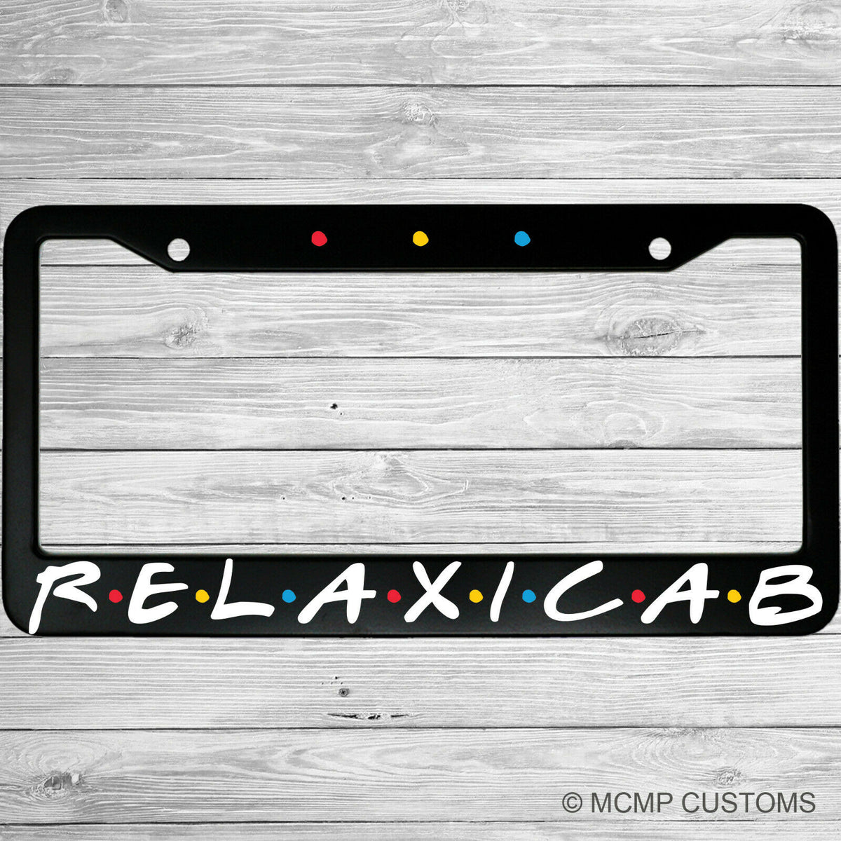 "RelaxiCab" license plate frame shown on vehicle — lifestyle photo