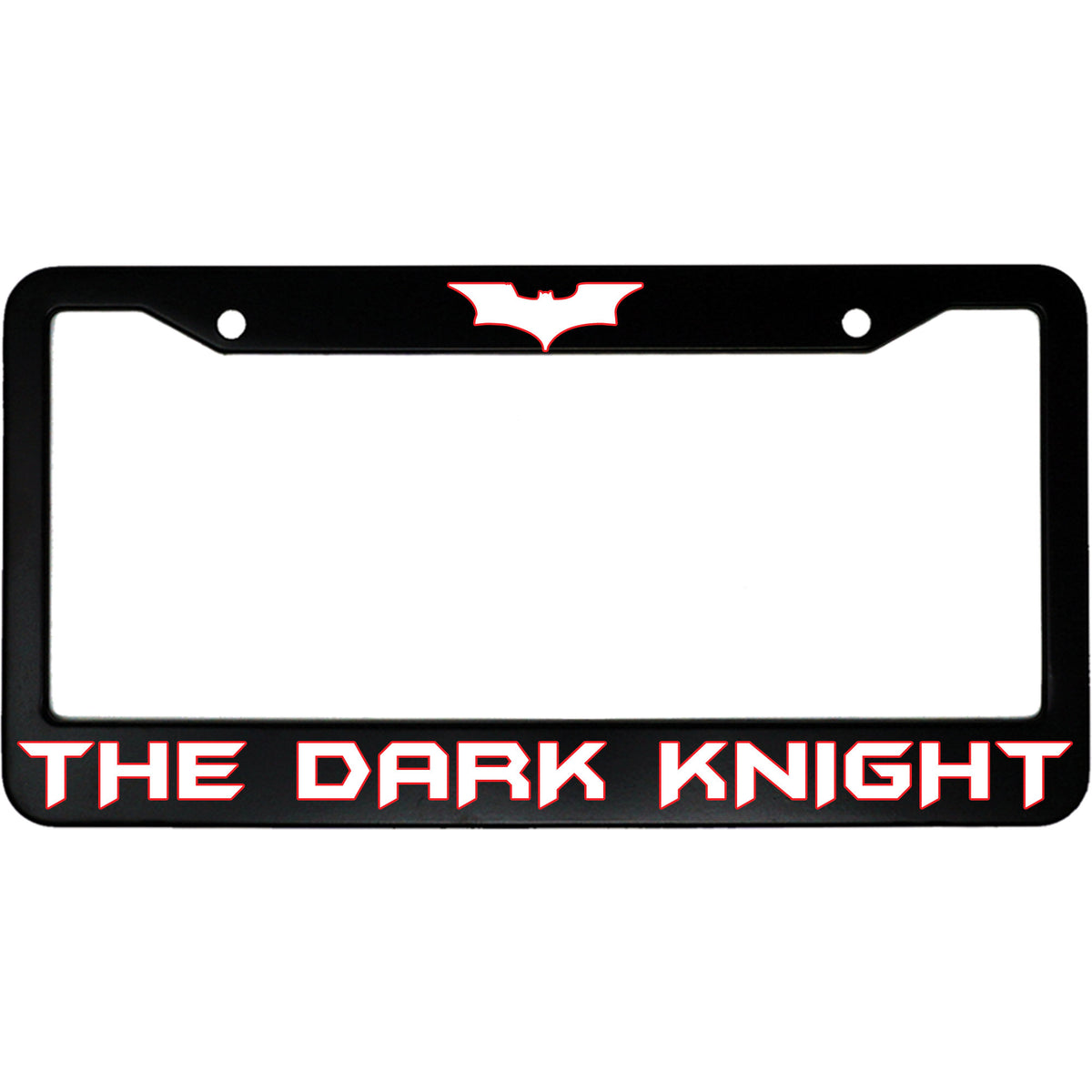 "The Dark Knight (w/ Bat Symbol)" superhero fan aluminum license plate frame — front view