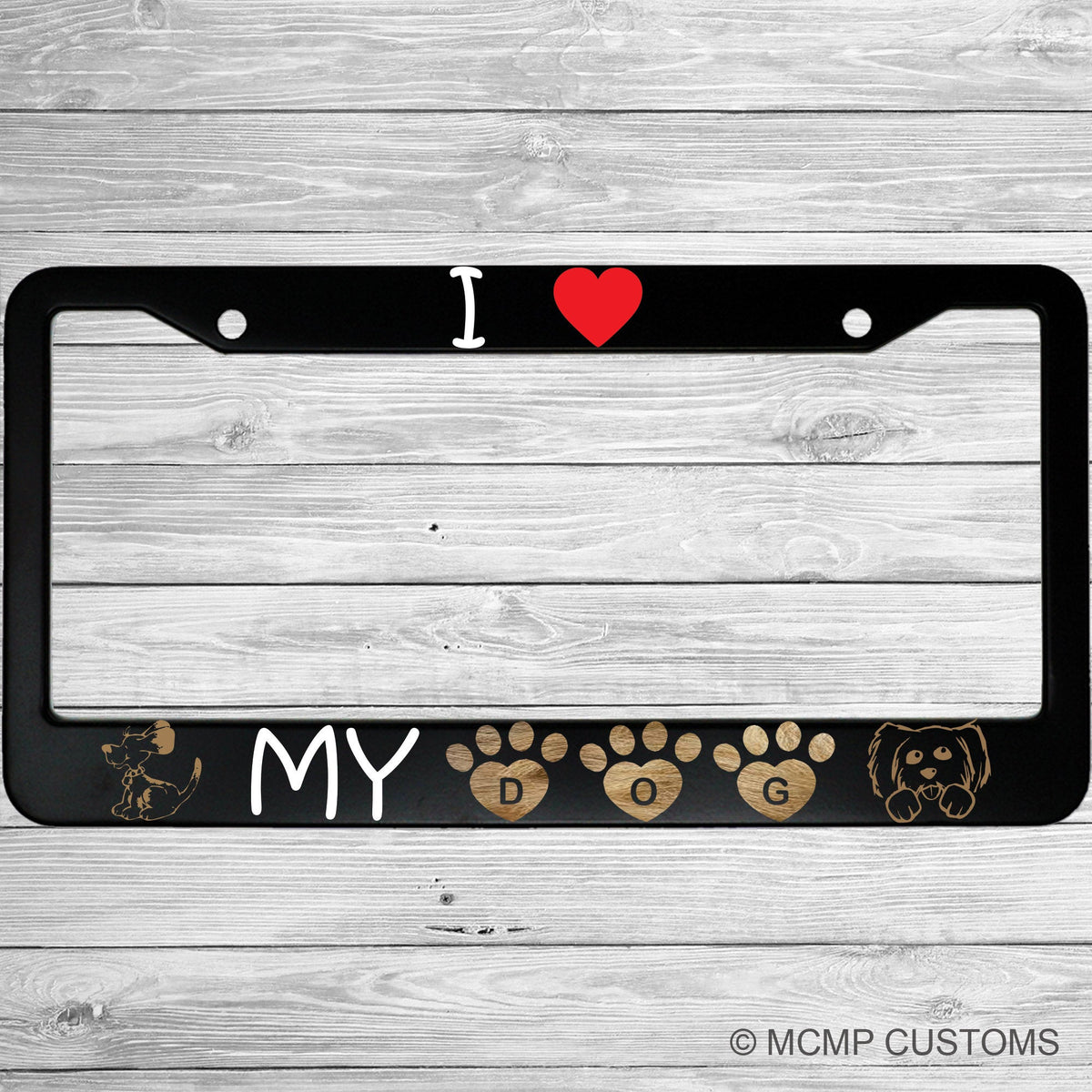 "I Love My Dog with a Heart" license plate frame shown on vehicle — lifestyle photo