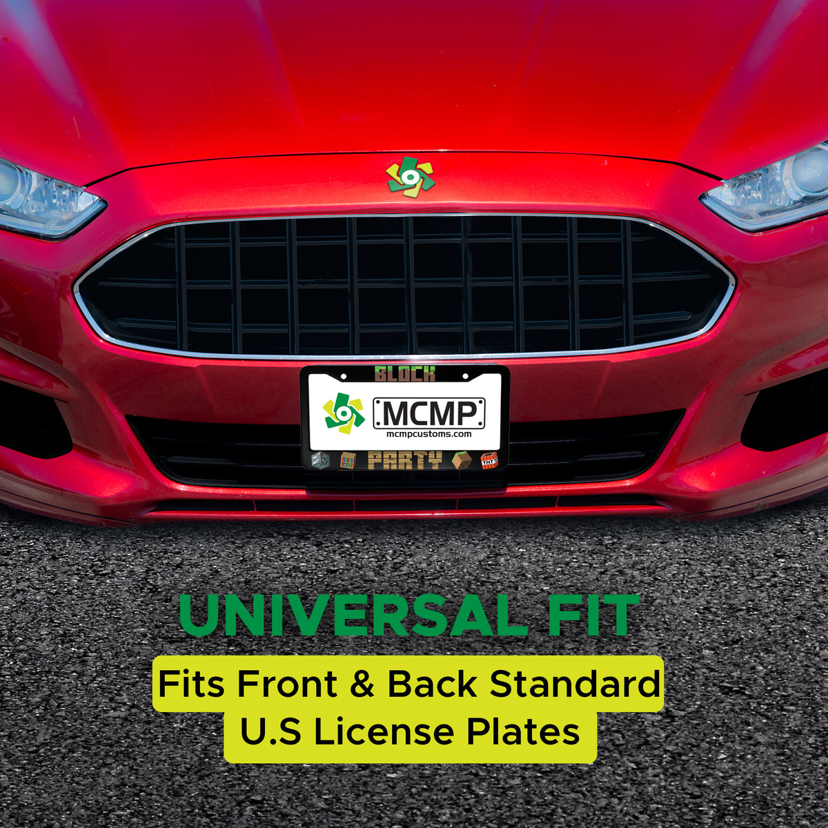 MCMP Customs aluminum license plate frame — features and quality detail infographic